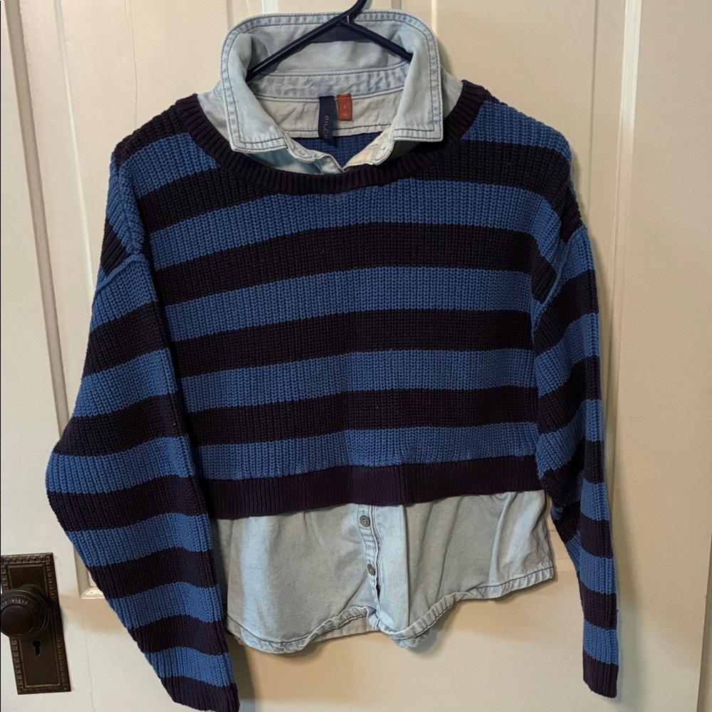 Pilcro Blue and Black Striped Crewneck Sweater